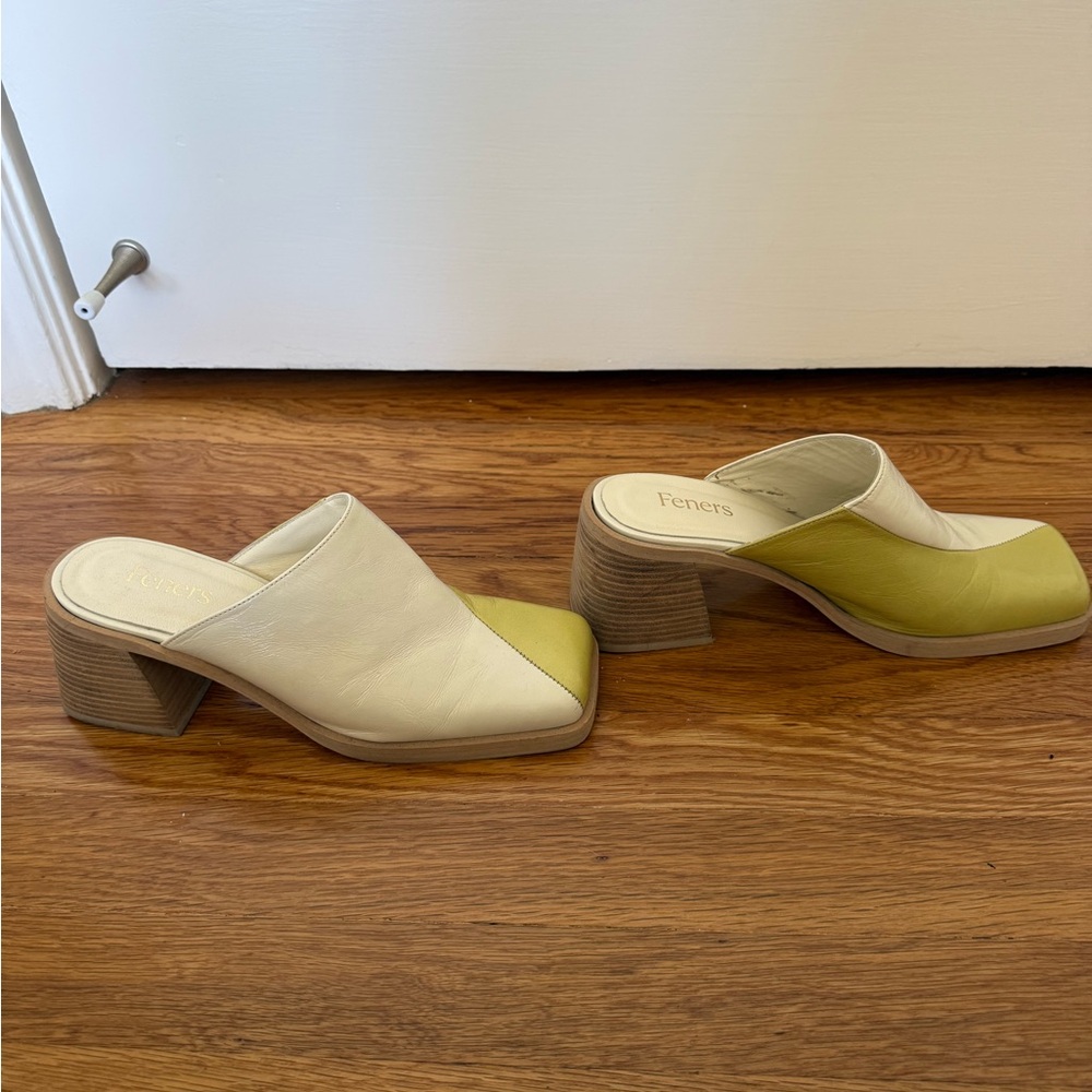 Feners Le Mule Green & Cream Square Toe Heels